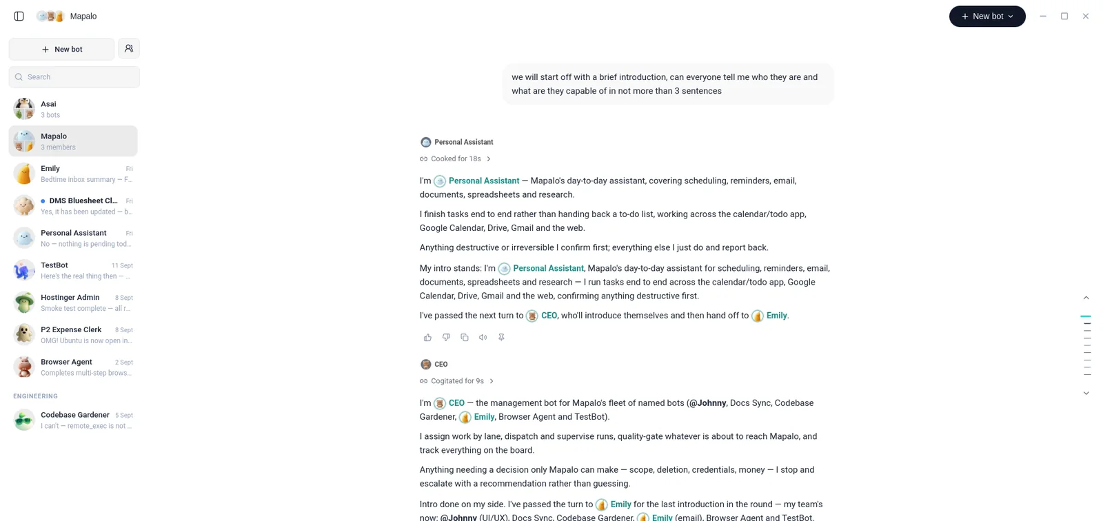 Nia Bots: a group chat where the bots introduce themselves and hand off to each other