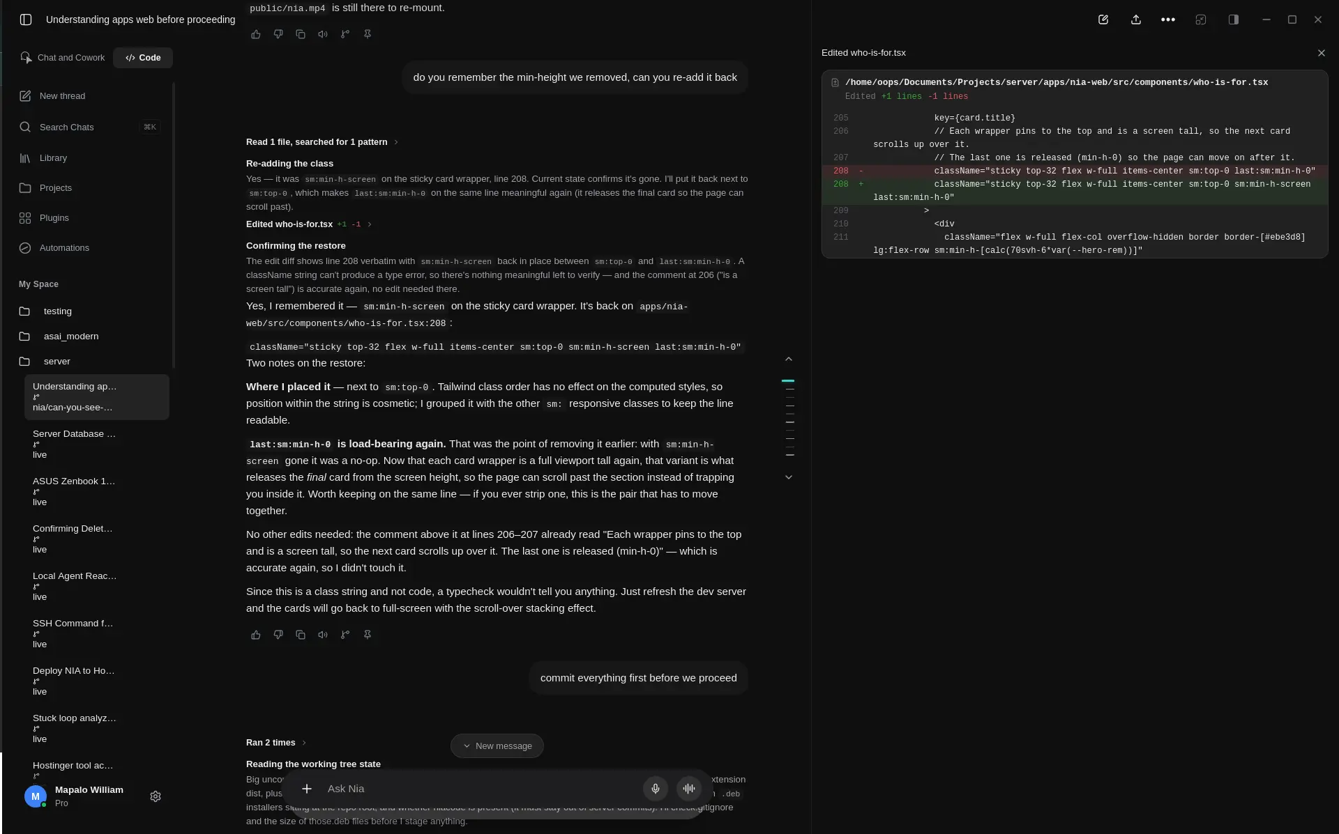 Nia Code's chat, mid-conversation, with a file's diff open alongside it