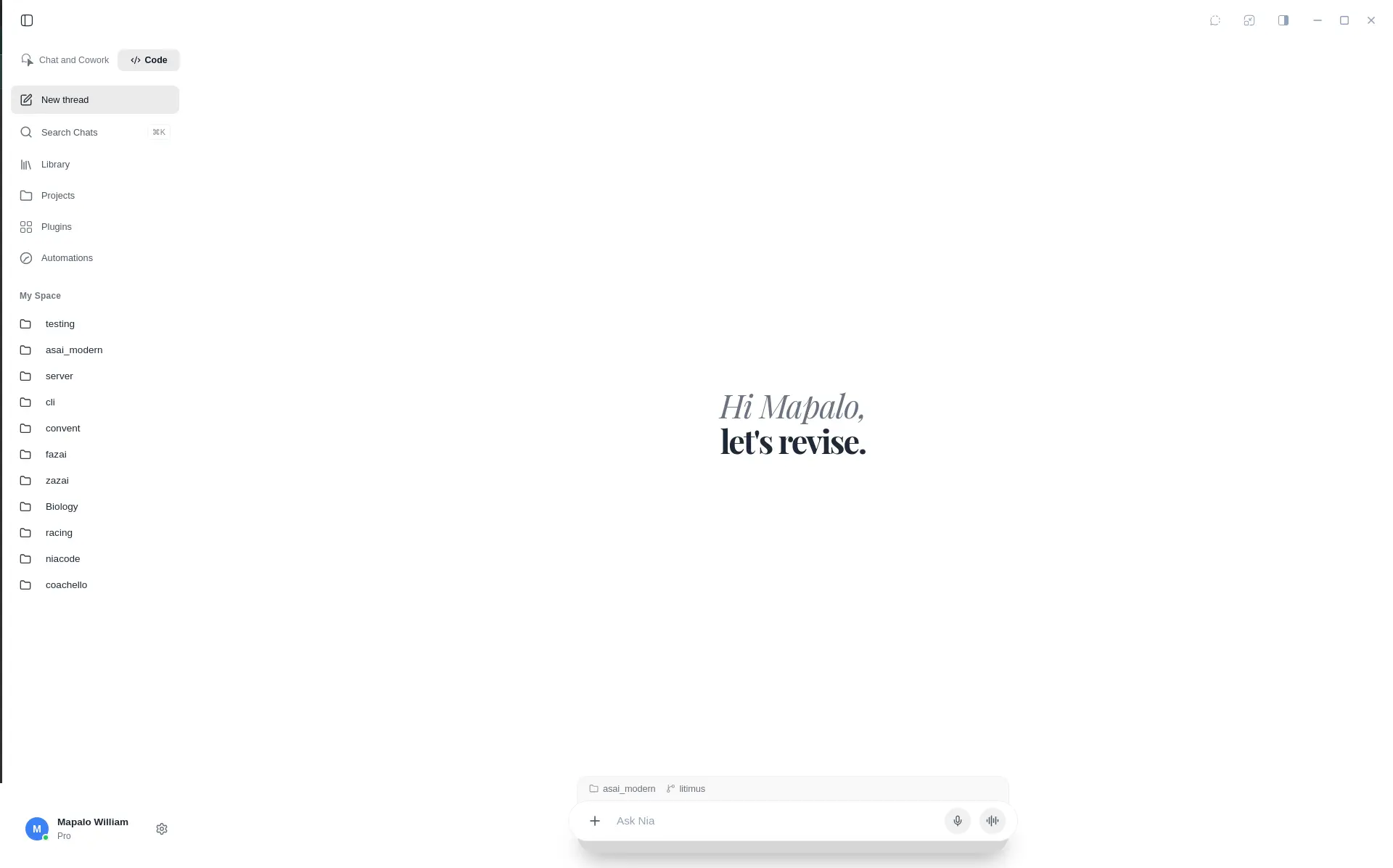 Nia Code's desktop app, in Code mode