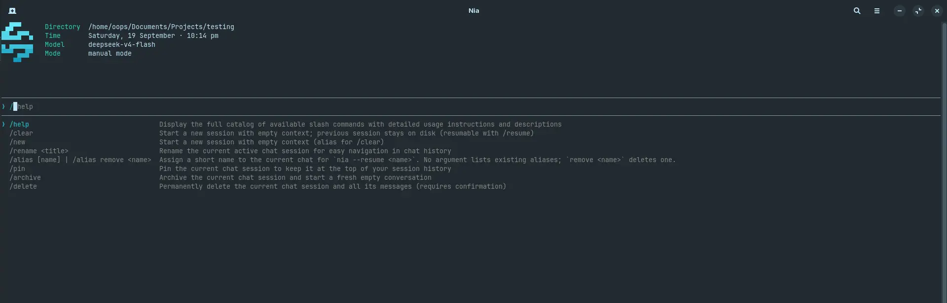 The Nia CLI's full slash-command catalog