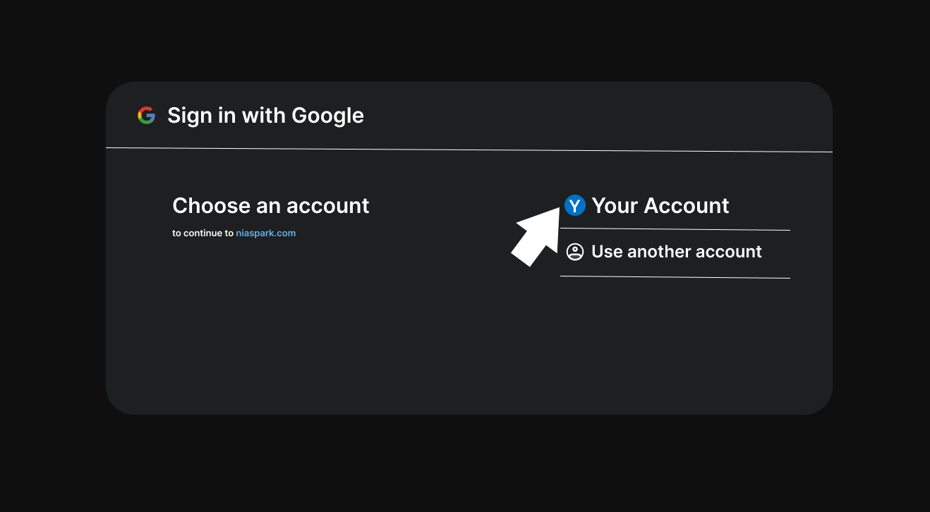 Illustration of Google's Choose an account screen, with an arrow pointing at the account to sign in with