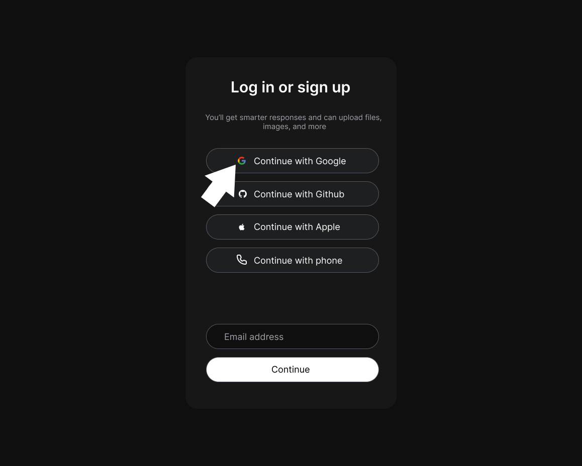 Illustration of the Log in or sign up card, with an arrow pointing at the Continue with Google button