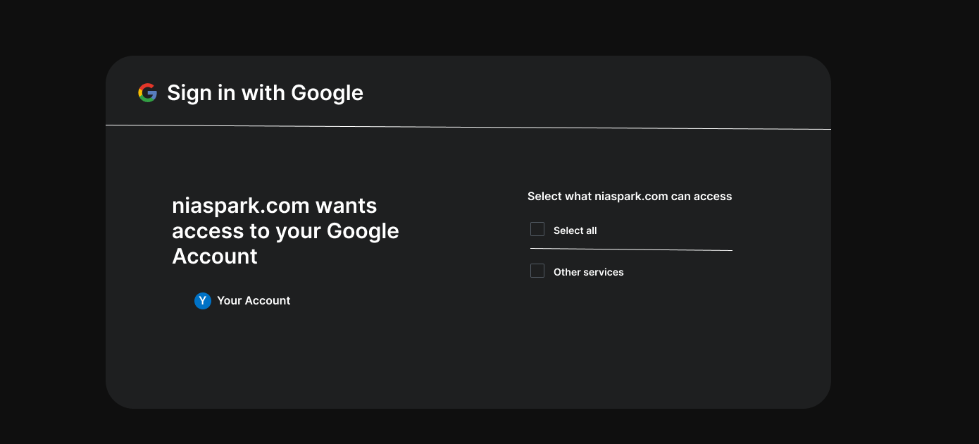 Illustration of Google's permissions screen: niaspark.com wants access to your Google Account, with checkboxes to choose what it can access