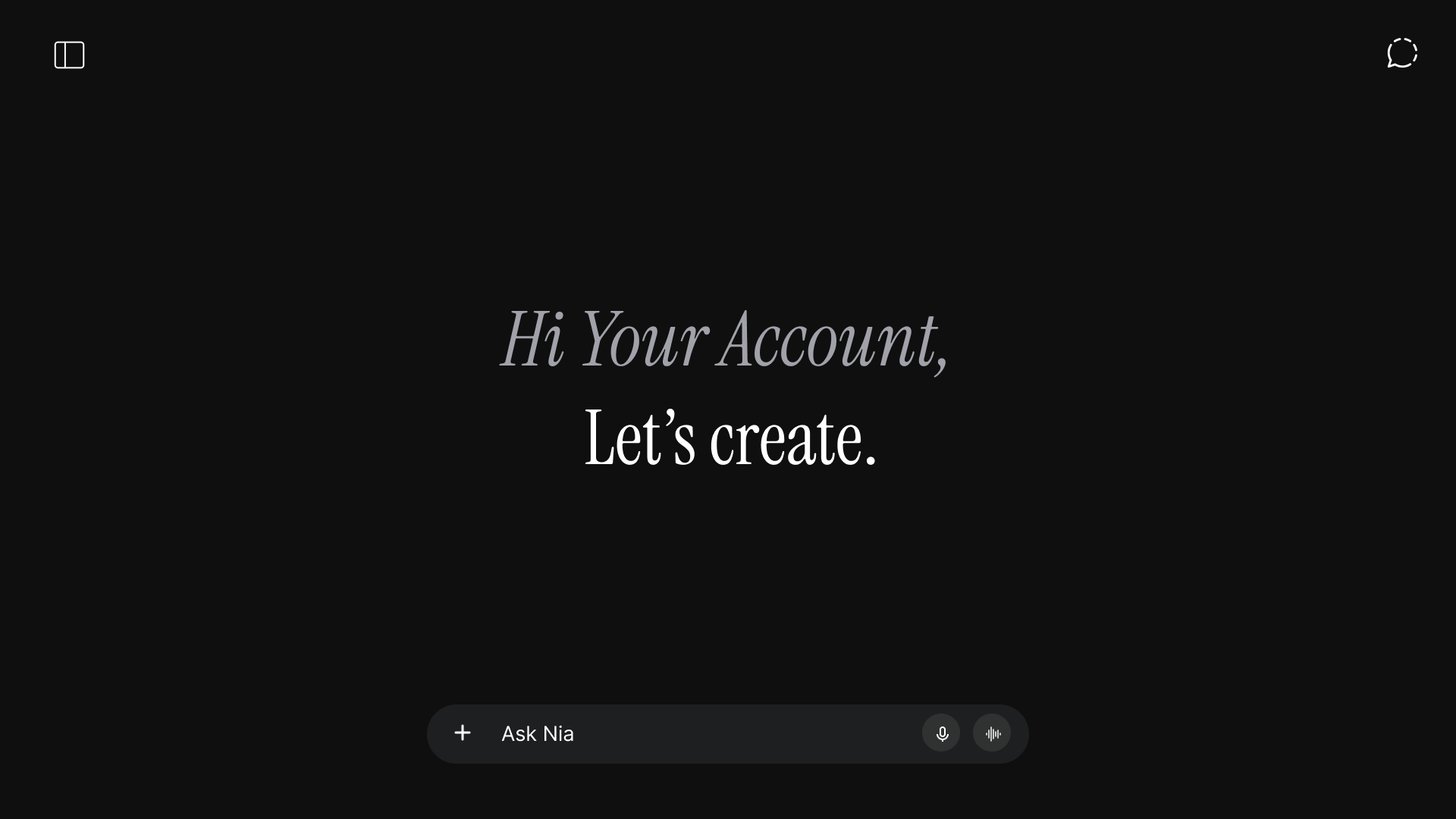 Illustration of the Nia home screen after signing in, greeting the user by name with the Ask Nia message box at the bottom